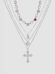 4PCS RHINESTONE DECOR CROSS & HEART & SQUARE PENDANT & HEART RHINESTONE & FAUX PEARL NECKLACE SET