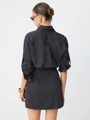 Striped Middle Sleeve Pleated Metal Detail Shirt Mini Dress