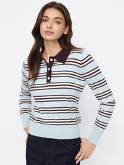 Knit Striped Polo Neck Long Sleeve Oversized Top