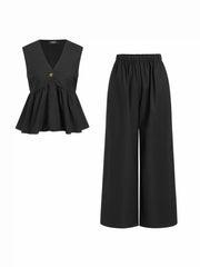 Linen-blend V-neck Ruched Peplum Top & Mid Rise Wide Leg Trousers Set