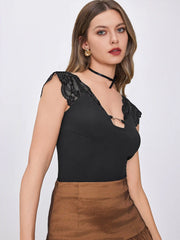 Lace Trim Solid Bodysuit