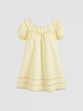 Cotton-blend Lace Trim Bowknot Puff Sleeve Mini Babydoll Dress