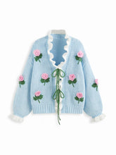 Knit 3D Floral V-neck Knotted Ruffle Trim Oversized Cardigan