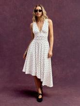 Cotton V-Neck Polka Dot Asymmetrical Hem Ruched Flared Midi Dress