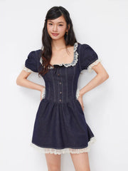 Stretch Denim Lace Trim Puff Sleeve A-line Mini Dress