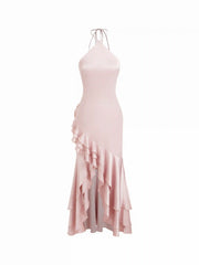 Satin Halter Neckline Ruffle Hem Maxi Split Dress