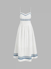 Cotton Contrasting Binding Stripe Knotted Shirred Midi Cami Dress