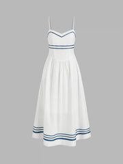 Cotton Contrasting Binding Stripe Knotted Shirred Midi Cami Dress
