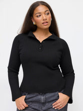 Knit Collar Button Long Bell Sleeve Top Curve & Plus