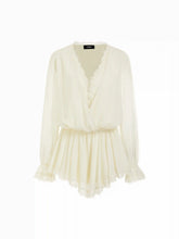 Chiffon V-neck Puff Sleeve Ruched Lace Trim Romper