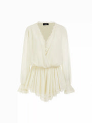Chiffon V-neck Puff Sleeve Ruched Lace Trim Romper