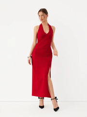 Halter Neck Backless Split Ruched Bobycon Maxi Dress