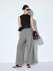 Cotton-blend Gingham High Neck Colorblock Mid Rise Wide Leg Jumpsuit With Belt