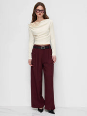 Mid Rise Plicated Wide Leg Trousers With Two Belts