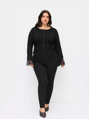 Cotton-blend Round Neckline Long Sleeve Contrasting Lace Top Curve & Plus