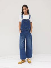 Denim Solid Buckle Pocket Barrel-leg Jumpsuit