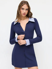 Cotton Collar Long Sleeve Two Tone Striped Mini Dress