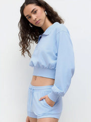 CDR Cotton-blend Collar Half Zip Crop Top & Low Rise Drawstring Micro Shorts Set