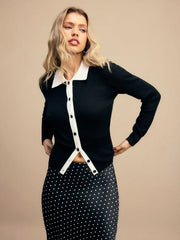 Knit Collar Button Two Tone Long Sleeve Cardigan