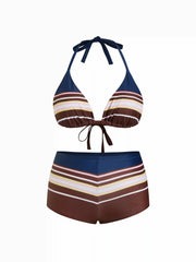Conjunto de bikini triangular rayado de cuello halter de alto estiramiento Curvy