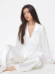 Satin Collar Lace Oversized Top & Mid Rise Straight Leg Trousers Loungewear Set