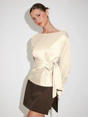 Satin Boat Neck Twist Knotted Blouse