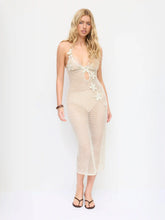 Knit Scoop Neck Flower Detail Criss Cross Hollow Out Split Cover Up Dress