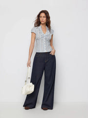 Linen-blend V-neck Striped Ruffled Blouse