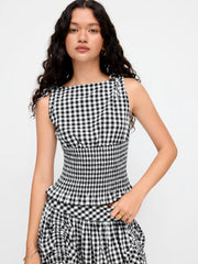 Cotton-blend Boat Neck Gingham Shirred Lettuce Trim Knotted Tank Top