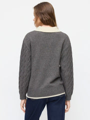 Cable Knit Collar Long Sleeve Two Tone Oversized Top