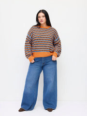 Knit Geometric Contrasting Binding Oversized Top Curve & Plus