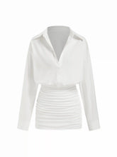 Cotton-blend Collar Ruched Long Sleeve Mini Dress