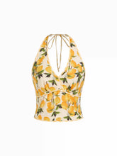 Cotton-blend Lemon Graphic Halter Neckline Backless Crop Cami Blouse