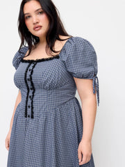 Cotton Plaid Square Neck Knotted Lace Trim Puff Sleeve Midi Dress Curve & Plus