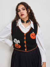 Knit V-neck Pumpkin Ghost Contrasting Binding Vest Curve & Plus