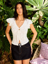 Jacquard V-Neck Ruffle Sleeve Lace Panel Top