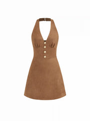 Suede Halter V-neck Metal Detail Mini Dress