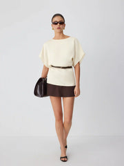 Satin Boat Neck Batwing Sleeve Oversized Blouse With Belt