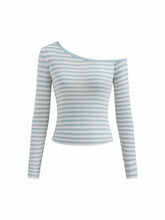 Knit Wool-blend Asymmetrical Neck Stripe Long Sleeve Top