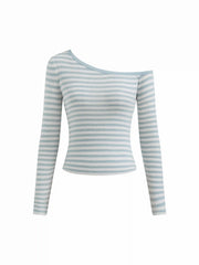 Knit Wool-blend Asymmetrical Neck Stripe Long Sleeve Top