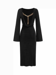 Boat Neck Bell Sleeve Backless Ruched Midi Dress With Chain Detail