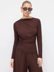 Draped Ruched Top & Mid Rise Elastic Waist Wide Leg Trousers Set
