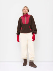 Fleece Stand Collar Colorblock Drawstring Oversized Sweatshirt