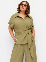 Textured Short Sleeve Draped Wide Leg Jumpsuit Curve & Plus