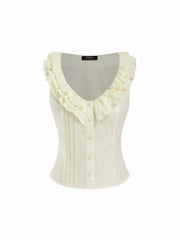 Cotton-blend V-neck Ruffled Tank Crop Blouse