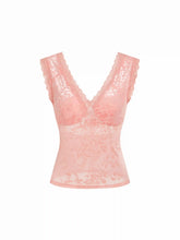 Flocked Floral Lace Panel V-neck Sleeveless Top