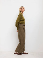 Tweed Mid Rise Stripes Straight Leg Trousers with Belt