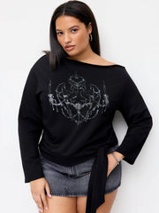 Cotton-blend Abstract Graphic Asymmetrical Neck Tee Curve & Plus