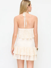 Lace Halter Neckline Ruffled Layered A-line Mini Dress
