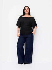Polka Dot Boat Neck Tie Back Batwing Sleeve Top Curve & Plus